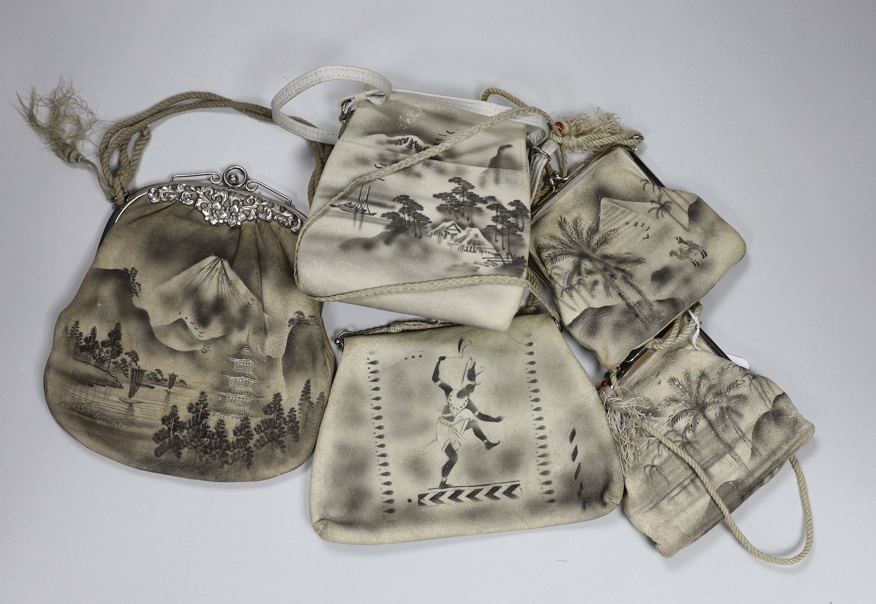 A collection of 1920’s and 30’s grey printed suede tourist novelty handbags of scenes from cities around the world (5)